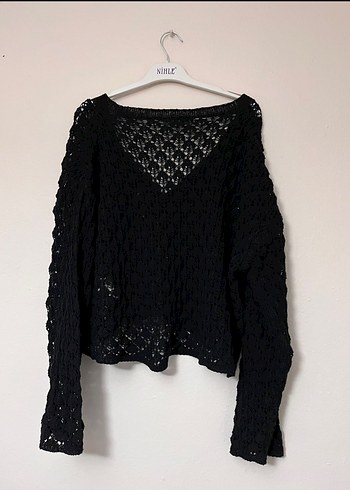 Siyah V Yaka Örgü Kadın Hırka - Görsel 2