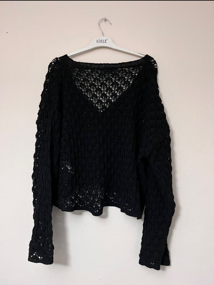 Siyah V Yaka Örgü Kadın Hırka - Görsel 2