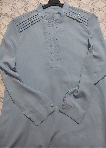 Mavi Uzun Kollu Düğmeli Kadın Tunik - Görsel 2