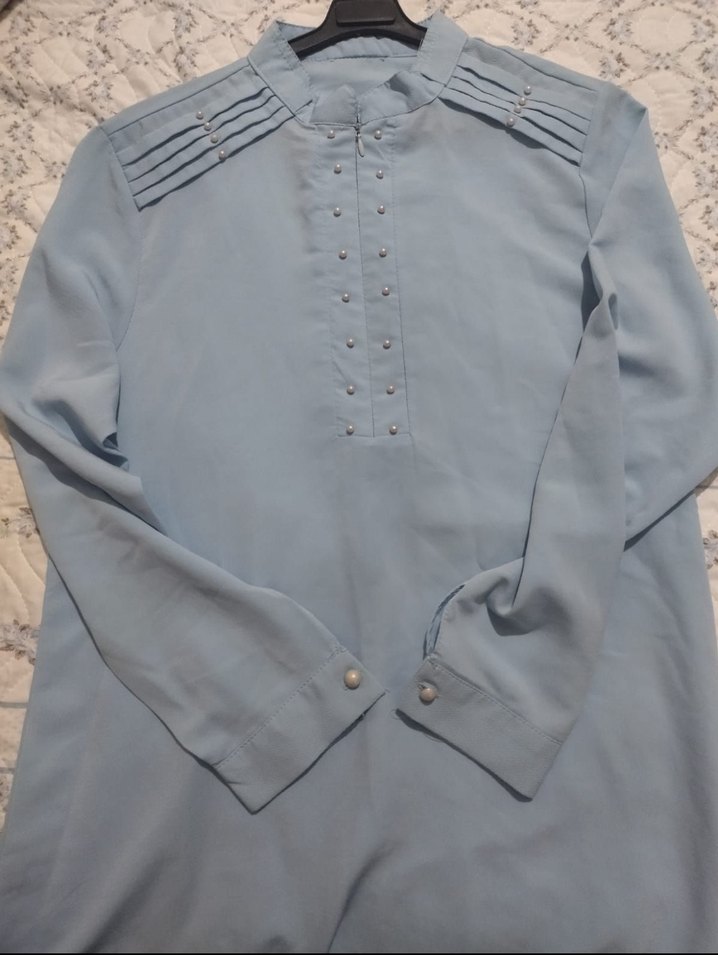 Mavi Uzun Kollu Düğmeli Kadın Tunik - Görsel 2