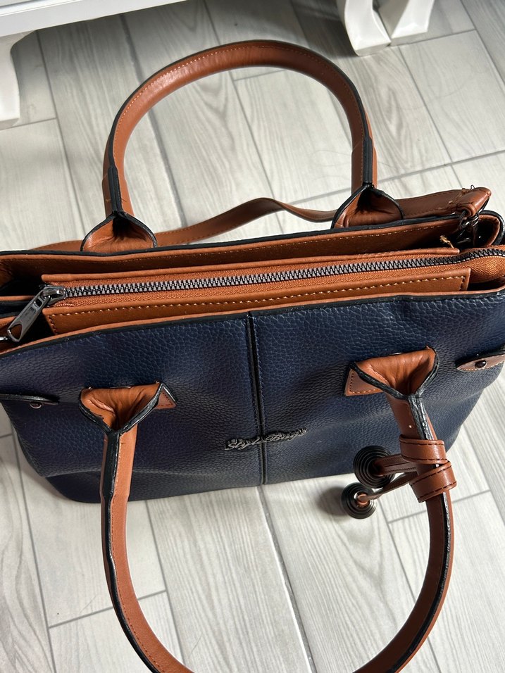 Kahverengi Detaylı Lacivert Deri Kadın Çanta - Görsel 3