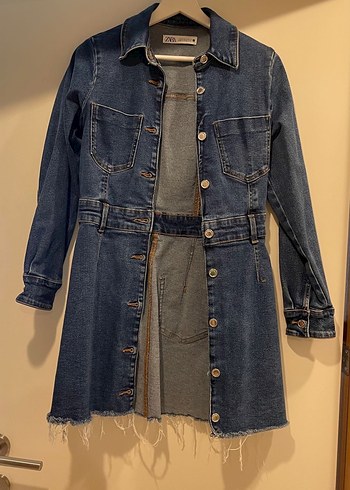 Düğmeli Uzun Mavi Kadın Denim Ceket