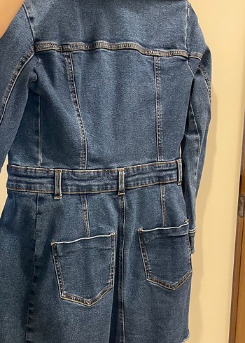 Zara Düğmeli Uzun Mavi Kadın Denim Ceket