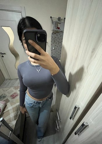 xs Beden gri Renk Gri Kadın Uzun Kollu Basic Tişört