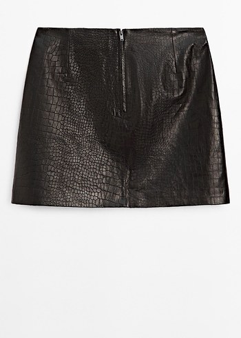 Massimo Dutti Deri Siyah Yılan Desenli Mini Etek