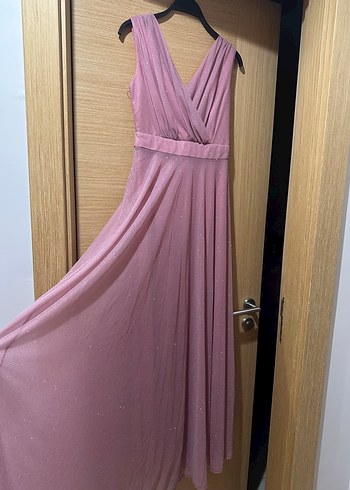 Pembe Drapeli Uzun Abiye Elbise