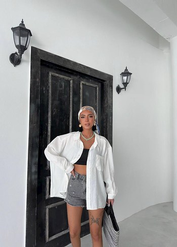 Kadın Beyaz Uzun Kollu Denim Gömlek