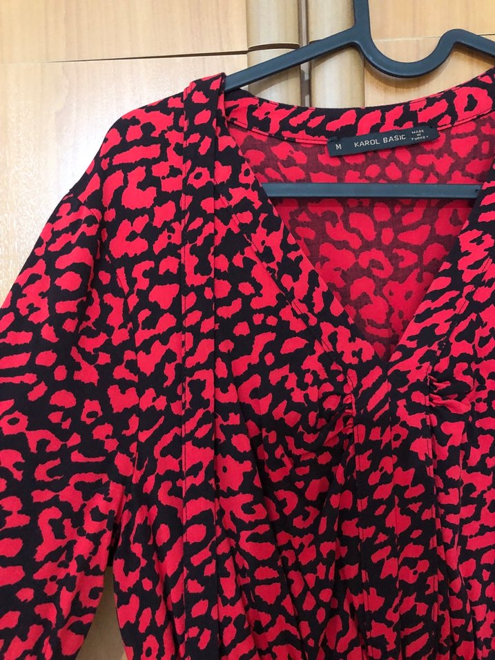 Kırmızı Desenli Uzun Kollu Kadın Elbise - Görsel 2