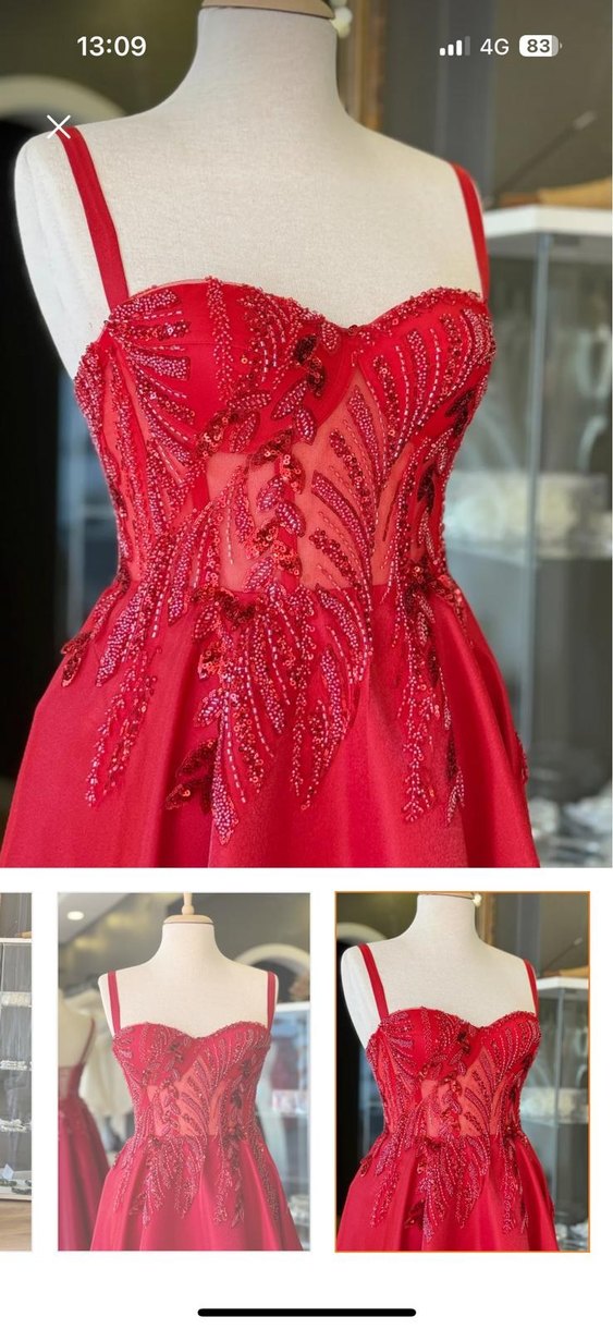 Kırmızı İşlemeli Uzun Abiye Elbise - Görsel 2