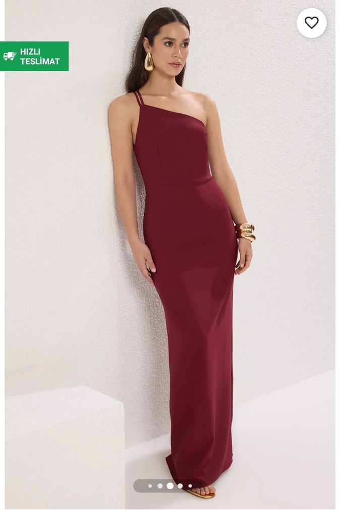 Bordo Saten Uzun Drapeli Straplez Elbise - Görsel 2