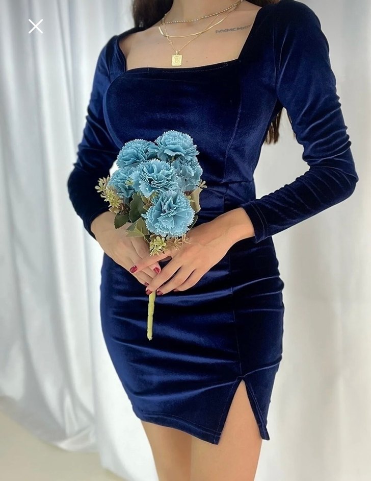 Kadife Lacivert Uzun Kollu Midi Elbise - Görsel 2