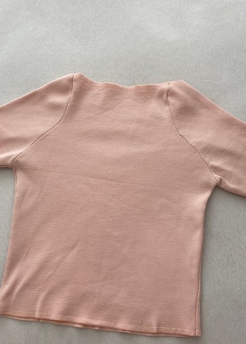 Pembe V Yaka Kısa Kollu Triko Crop - Görsel 2