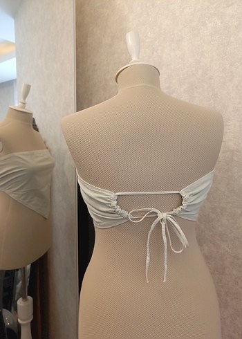 Beyaz Keten Midi Straplez Büstiyer - Görsel 3