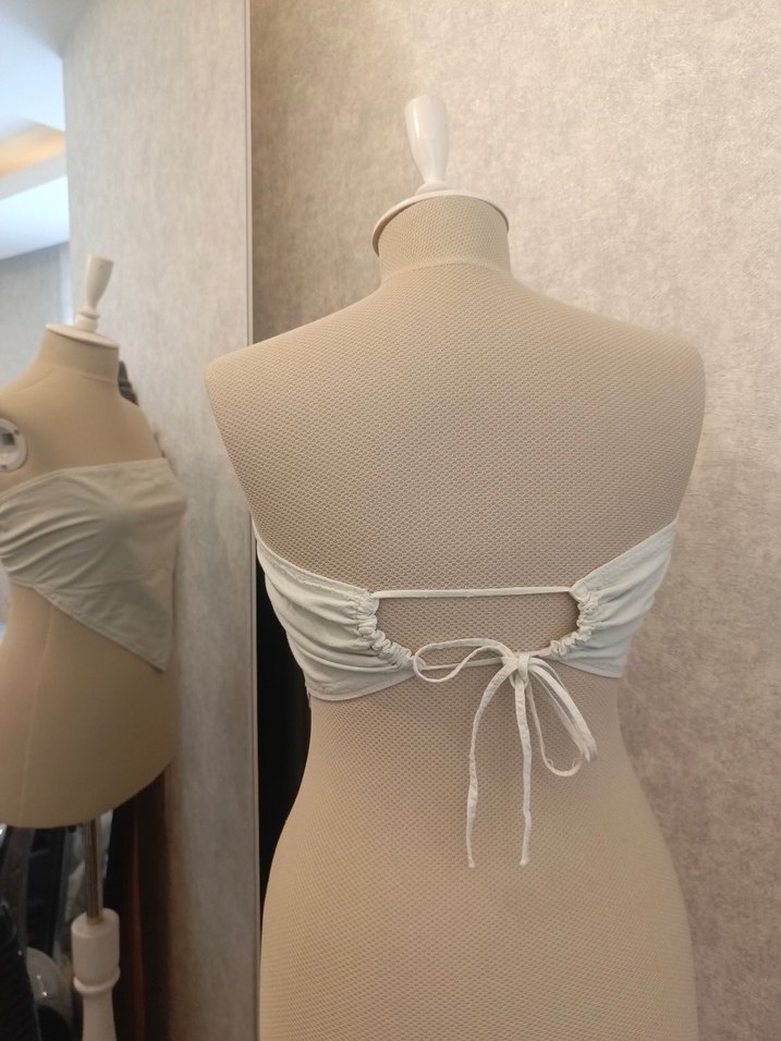 Beyaz Keten Midi Straplez Büstiyer - Görsel 3