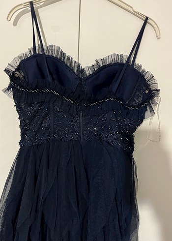 Straplez Nakışlı Lacivert Uzun Abiye Elbise - Görsel 3