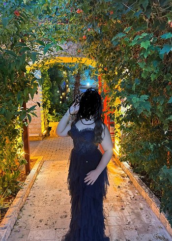 Straplez Nakışlı Lacivert Uzun Abiye Elbise - Görsel 5