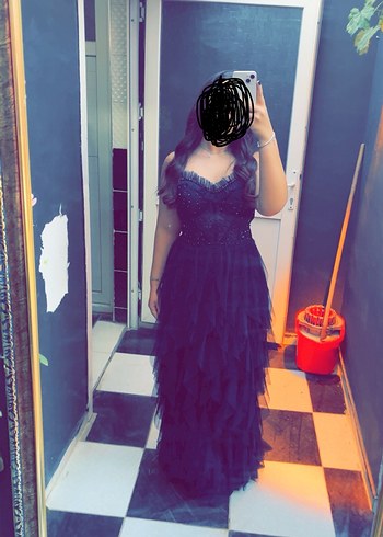 Straplez Nakışlı Lacivert Uzun Abiye Elbise - Görsel 6