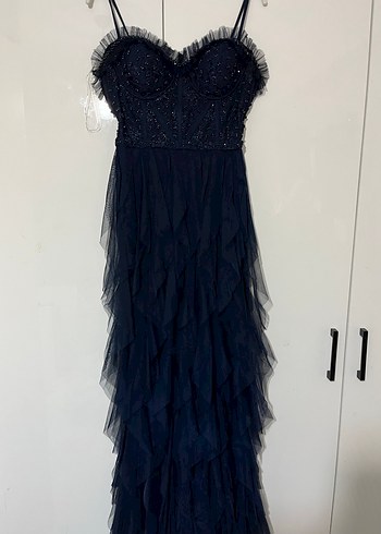 Straplez Nakışlı Lacivert Uzun Abiye Elbise - Görsel 2