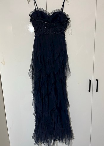 Straplez Nakışlı Lacivert Uzun Abiye Elbise - Görsel 4