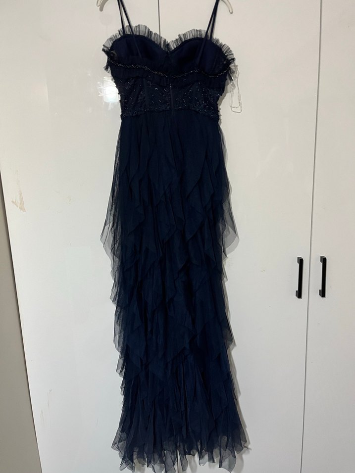 Straplez Nakışlı Lacivert Uzun Abiye Elbise - Görsel 4