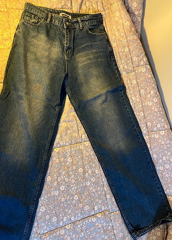 Gri Mavi Bağlama Desenli Bol Kesim Denim Pantolon - Görsel 2