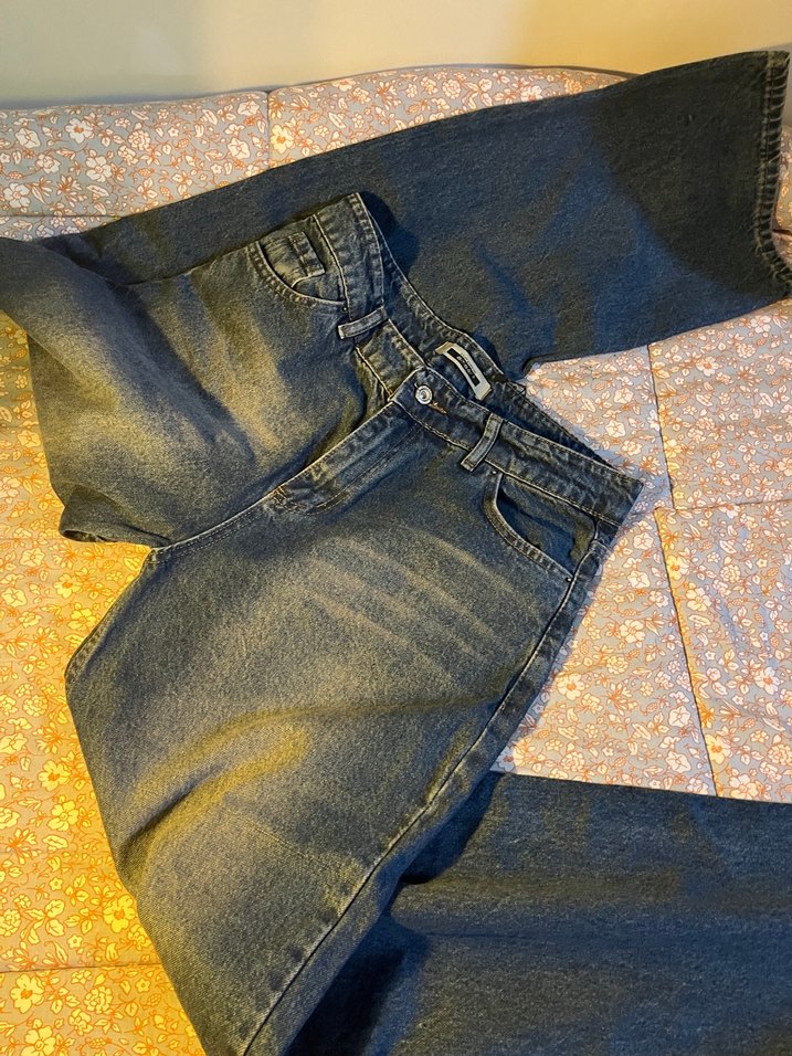 Gri Mavi Bağlama Desenli Bol Kesim Denim Pantolon - Görsel 4