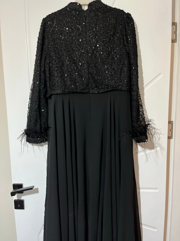 Siyah Uzun Kollu Drapeli Abiye Elbise - Görsel 3