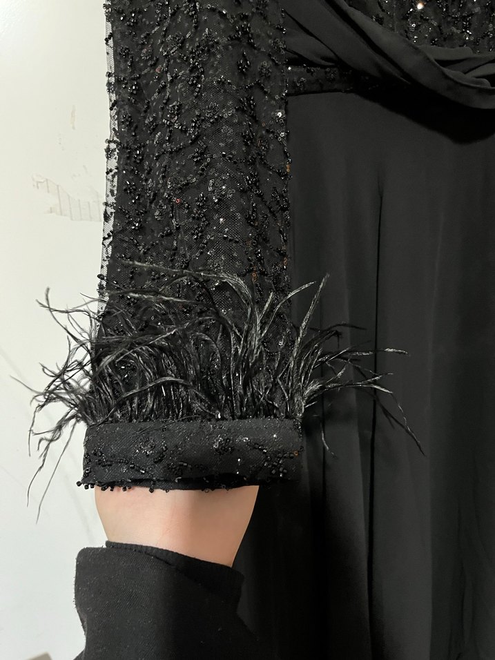 Siyah Uzun Kollu Drapeli Abiye Elbise - Görsel 2