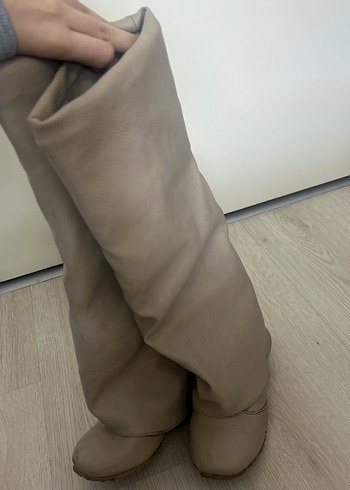 Bej Deri İnce Topuklu Diz Boyu Kadın Çizme - Görsel 3