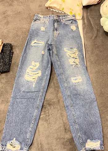 Kadın Gri Batik Desenli Bol Kesim Denim Pantolon