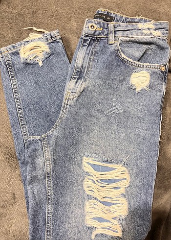 26 Beden Kadın Gri Batik Desenli Bol Kesim Denim Pantolon