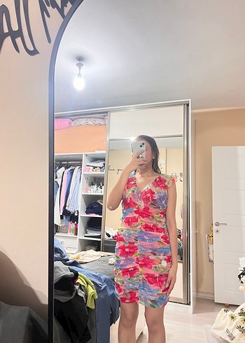 V Yaka Transparan Tie-Dye Midi Elbise