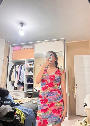 m Beden çeşitli Renk V Yaka Transparan Tie-Dye Midi Elbise