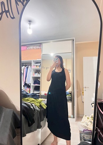 Diğer Siyah Straplez Midi Saten Elbise