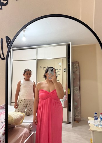 Batik Pembe Drapeli Straplez Midi Kadın Elbise