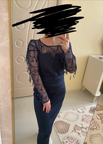 Lacivert Dantel İşlemeli Uzun Kollu Abiye Elbise - Görsel 2