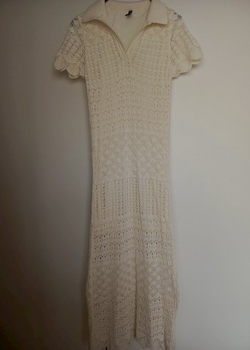 Beyaz V Yaka Kısa Kollu Triko Elbise - Görsel 2