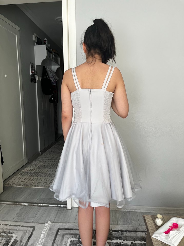 Gri İnce askılı Midi Abiye Elbise - Görsel 2