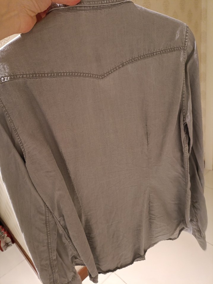 Uzun Kollu Gri Pamuklu Gömlek - Görsel 3