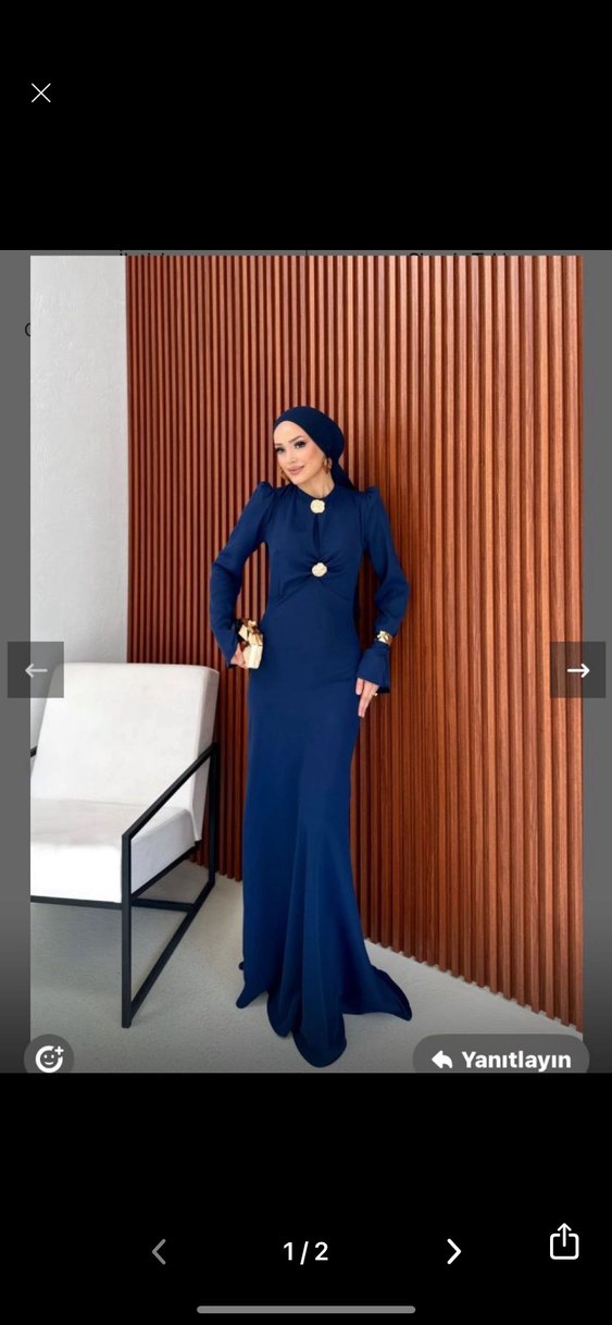 Lacivert Uzun Kollu Yüksek Yakalı Abiye Elbise - Görsel 2