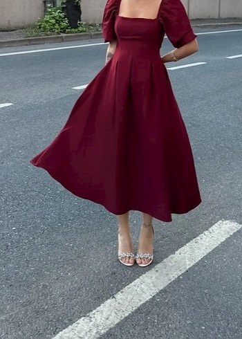 Bordo midi Drapeli Kadın Elbise