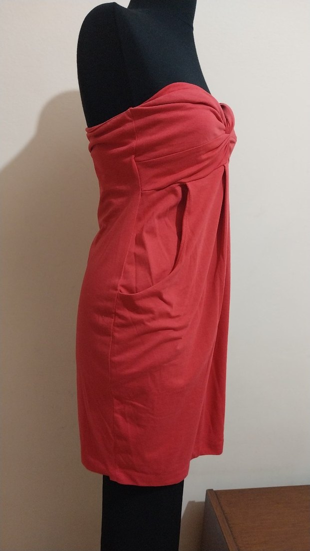 Kırmızı Straplez Drapeli Midi  Elbisesi - Görsel 2
