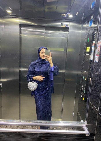 Lacivert Uzun Kol Drapeli Abiye Elbise