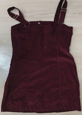 Bordo Süet Midi Düğmeli çizgili kadife Elbise - Görsel 2