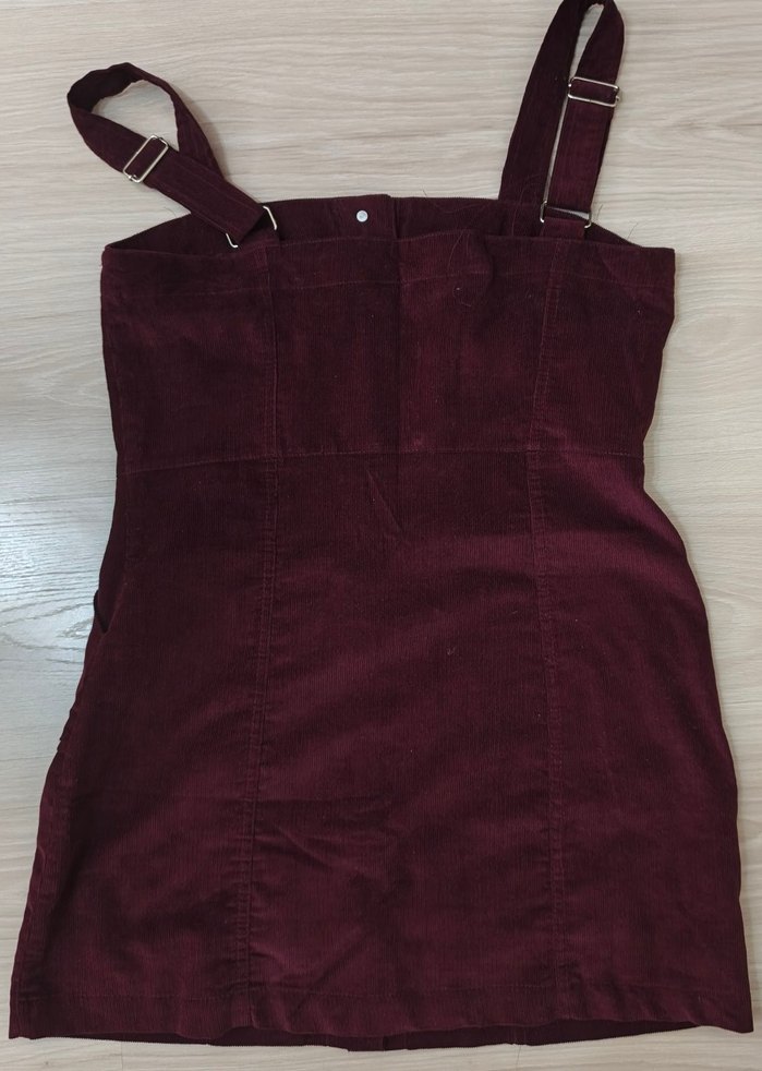 Bordo Süet Midi Düğmeli çizgili kadife Elbise - Görsel 2