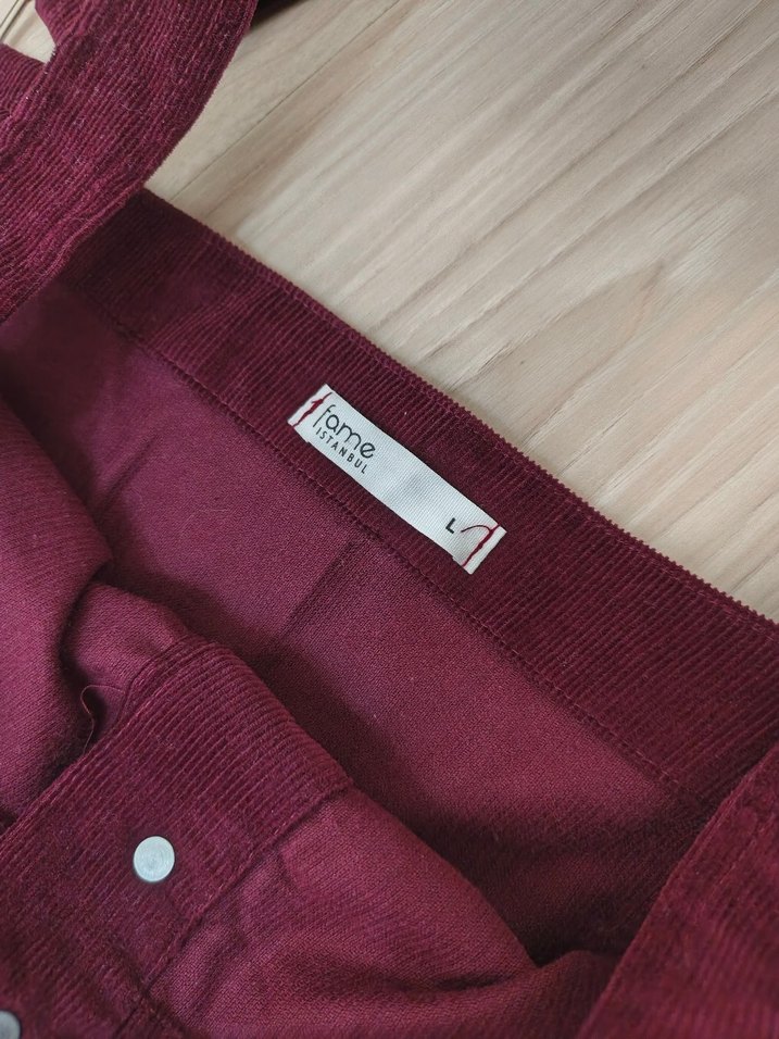 Bordo Süet Midi Düğmeli çizgili kadife Elbise - Görsel 3