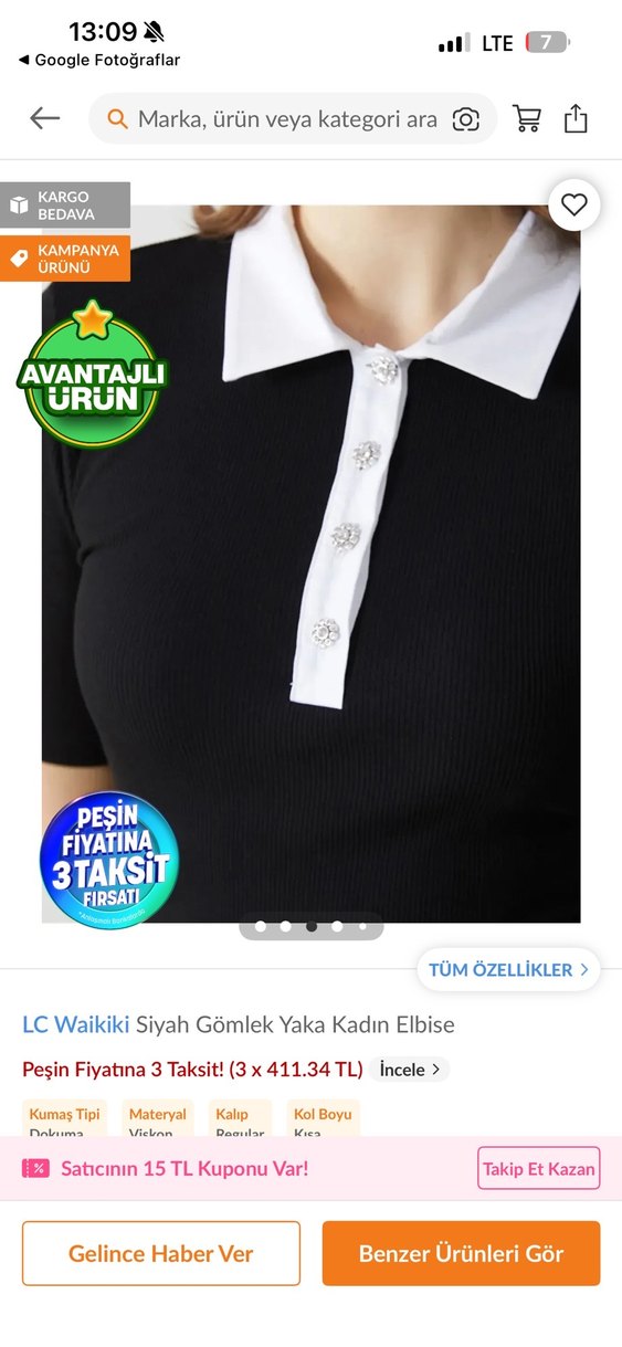 LC Waikiki Siyah Gömlek Yaka Kadın Elbise - Görsel 2