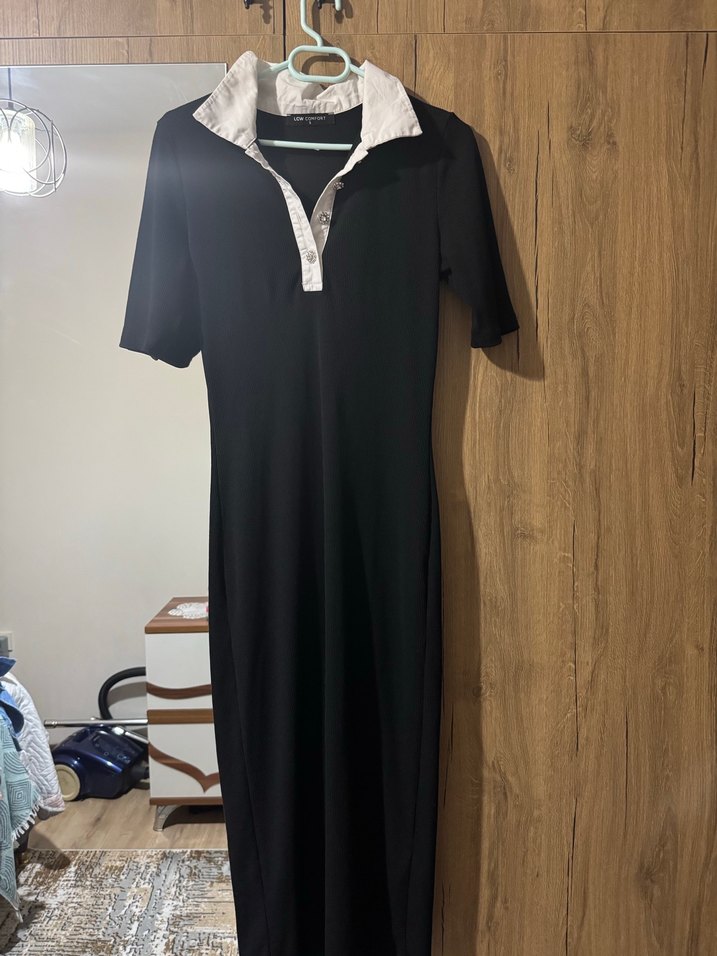 LC Waikiki Siyah Gömlek Yaka Kadın Elbise - Görsel 3