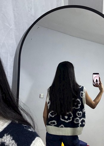 Kadın mavi Batik Desenli Kolsuz Triko Süveter - Görsel 2