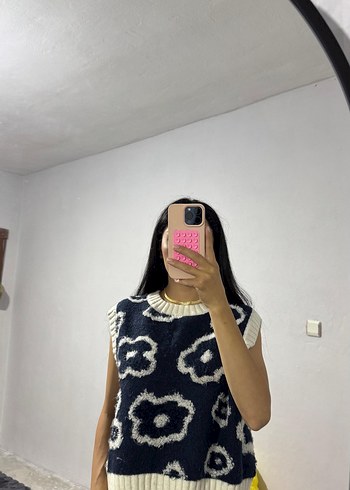 Kadın mavi Batik Desenli Kolsuz Triko Süveter - Görsel 4